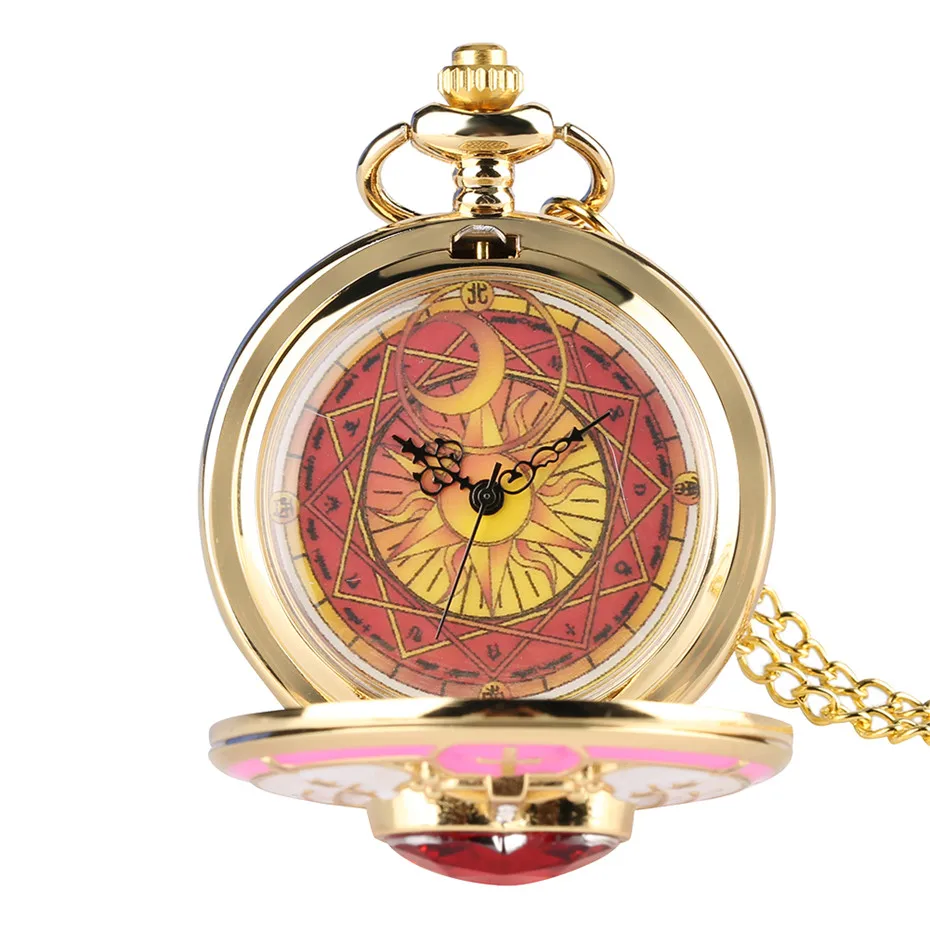Золотая Магия Сакура кулон карманные часы для девочек Классический Аниме ожерелье часы подарки для студентов