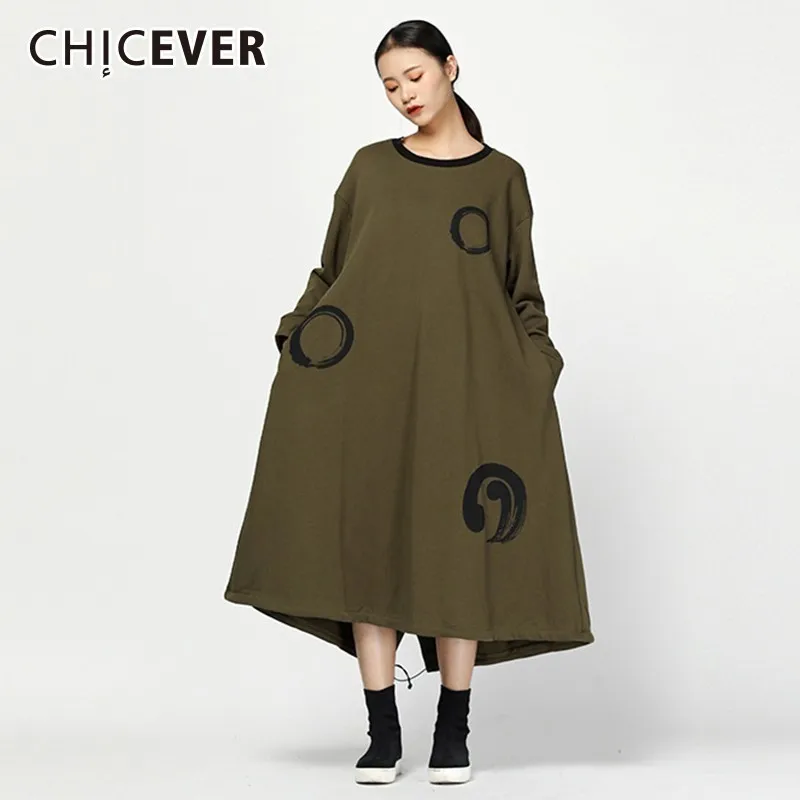 

CHICEVER Polka Dot Print Dresses For Women O Neck Long Sleeve Loose Oversize Big Hem Irregular Dress Female Clothes Fashion Tide