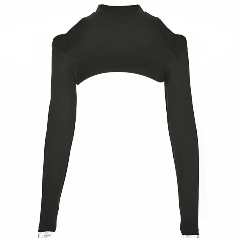 

Women T-shirts Casual Sexy Club Harajuku Style Gothic Black Slim Turtleneck Solid Hollow Hole Tops Female Fashion Short t shirt