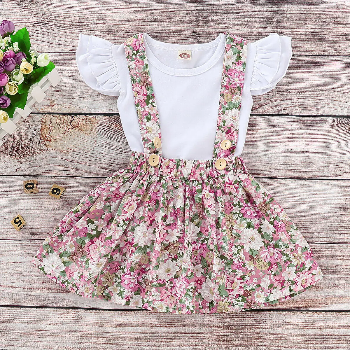 

1-5Y Summer Lovely Infant Kids Baby Girl Clothes Sets White Solid Top T shirt + Flowers Suspender Dress Outfit Clothes Set
