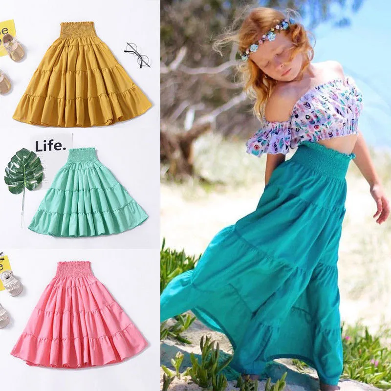 

Newborn Kids Baby Girls Skirts Casual High Waist Pleated Elastic Waist Plain Long Skirt Beach Party Hawaii Skirts