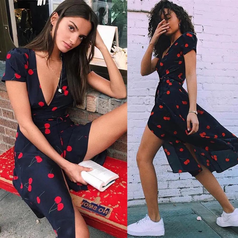 

2019 Summer Print Short Sleeve Cotton Short Sleeve Fashion Women Summer Floral Beach Dress Long S- XL