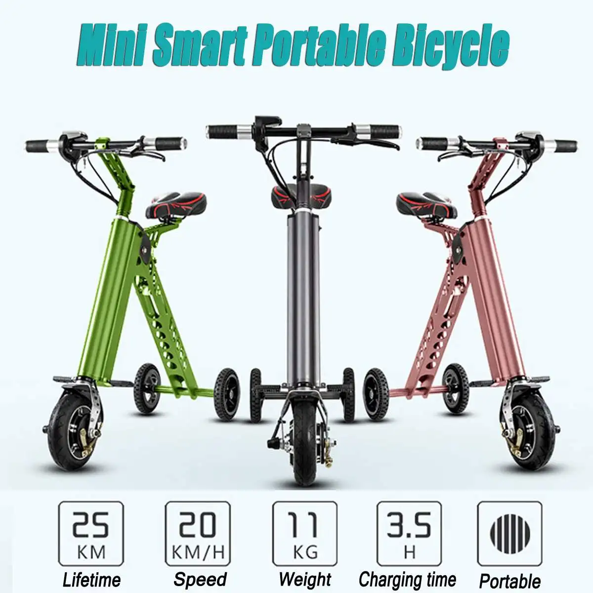 

8" Mini Portable Bicycle Folding Electric Bike Mini Folding Electric Bike Travel-Smart Instead Walking Tool Scooter 3 Wheels