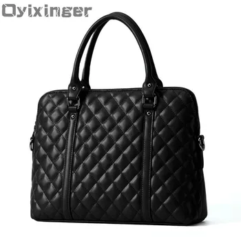 Black Genuine Leather Women Handbag Business Briefcase Bag Women's 14 Inch Laptop Bags Female Cow Leather Diamond Lattice Bag mini circular genuine leather handbag vintage diamond lattice one shoulder cross body bag small round package women tassel bags