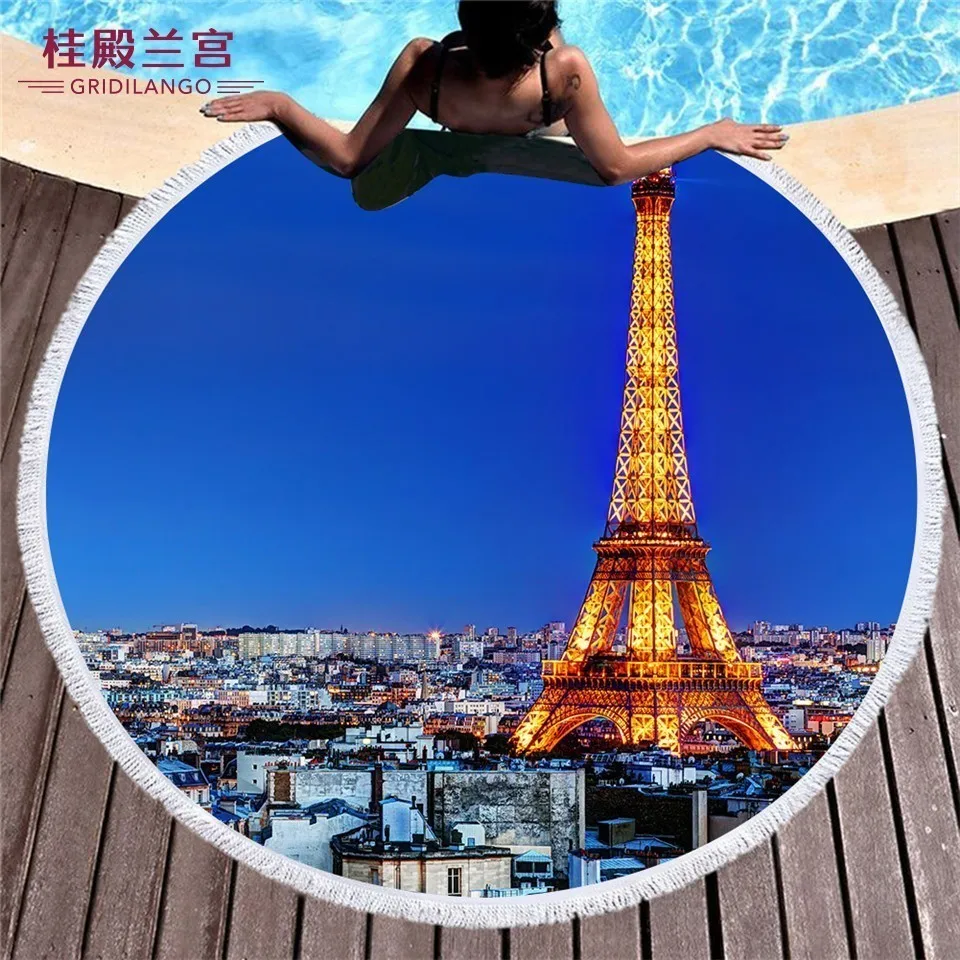 

GRIDILANGO Eiffel Tower Round Beach Towel For Adult Quickly Absorbtable Swimming Travel Outdoor Sports Home Yoga Mat Bath Towel