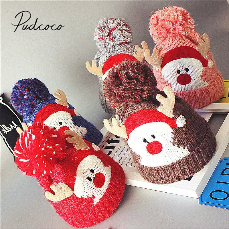 

2019 Brand New Christmas Kids Baby Boys Girls Beanie Hat Cap Winter Warm Fur Cartoon Deer Print Knit Warm Hats Santa Elk Beanie