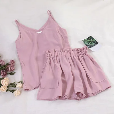 

Summer Solid Shorts Set Women V-neck Tank Top Wide Leg Shorts Female Two Pieces Set Suit V Matching Set Sleeveless Beach Sets
