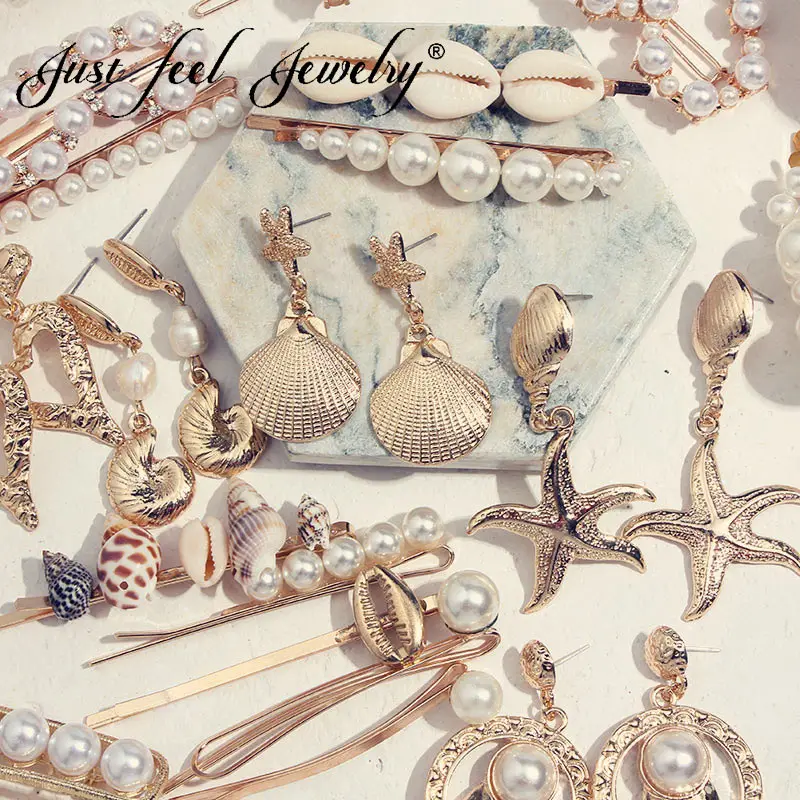 

JUST FEEL 2019 Summer Za Freshwater Pearl Pendant Hair Pins Vintage Hair Clip For Women Shell Barrettes Jewelry Hair Accessories