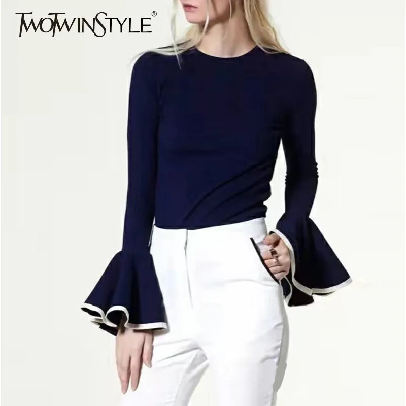 

TWOTWINSTYLE Casual Knitting Pullover Tops Female O Neck Flare Long Sleeve Slim Sweater Women Spring 2019 Fashion Clothes New