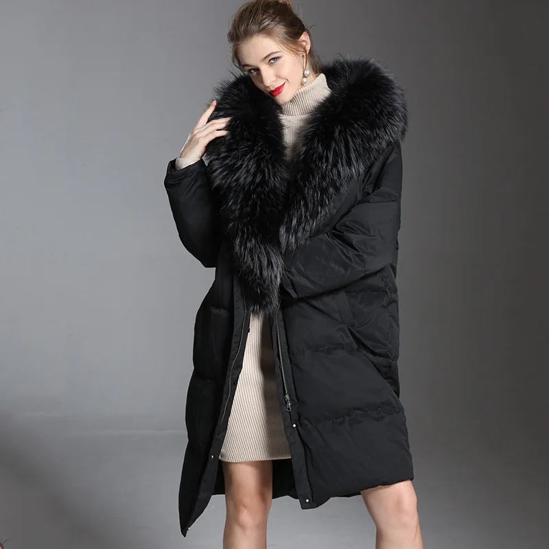 

2018 Women oversize down jacket winter thick long raccoon fur 90%white duck down down dacket woman hooded for winter 1801242