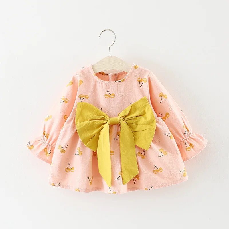 

Autumn Children Clothing Cloth Solid Color Large Bow Cherry Print Dress A-line Toddler Dresses For Infant Girls Dress GDR523