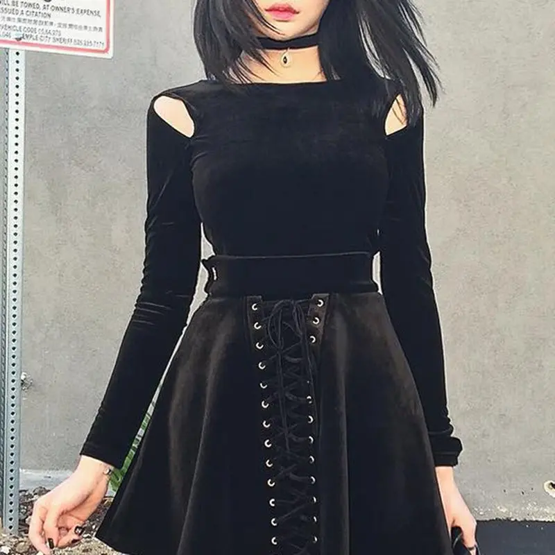 

Rosetic Spring Tee Shirt Casual Basic Style Tee Slim Solid Black Darkness Harajuku Goth Hollow Out Club Long Sleeve Punk Fashion