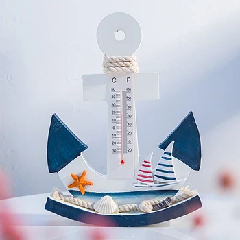 

Home accessories gift ornaments wall decoration foyer decorative wall hanging wood hand-painted anchor thermometer