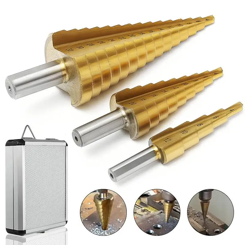 

3Pcs 4-12/20/32mm Large HSS Steel Step Cone Spiral Flute Drill Bit Set Titanium Bit Hole Cutter Sharpening With Aluminum Box