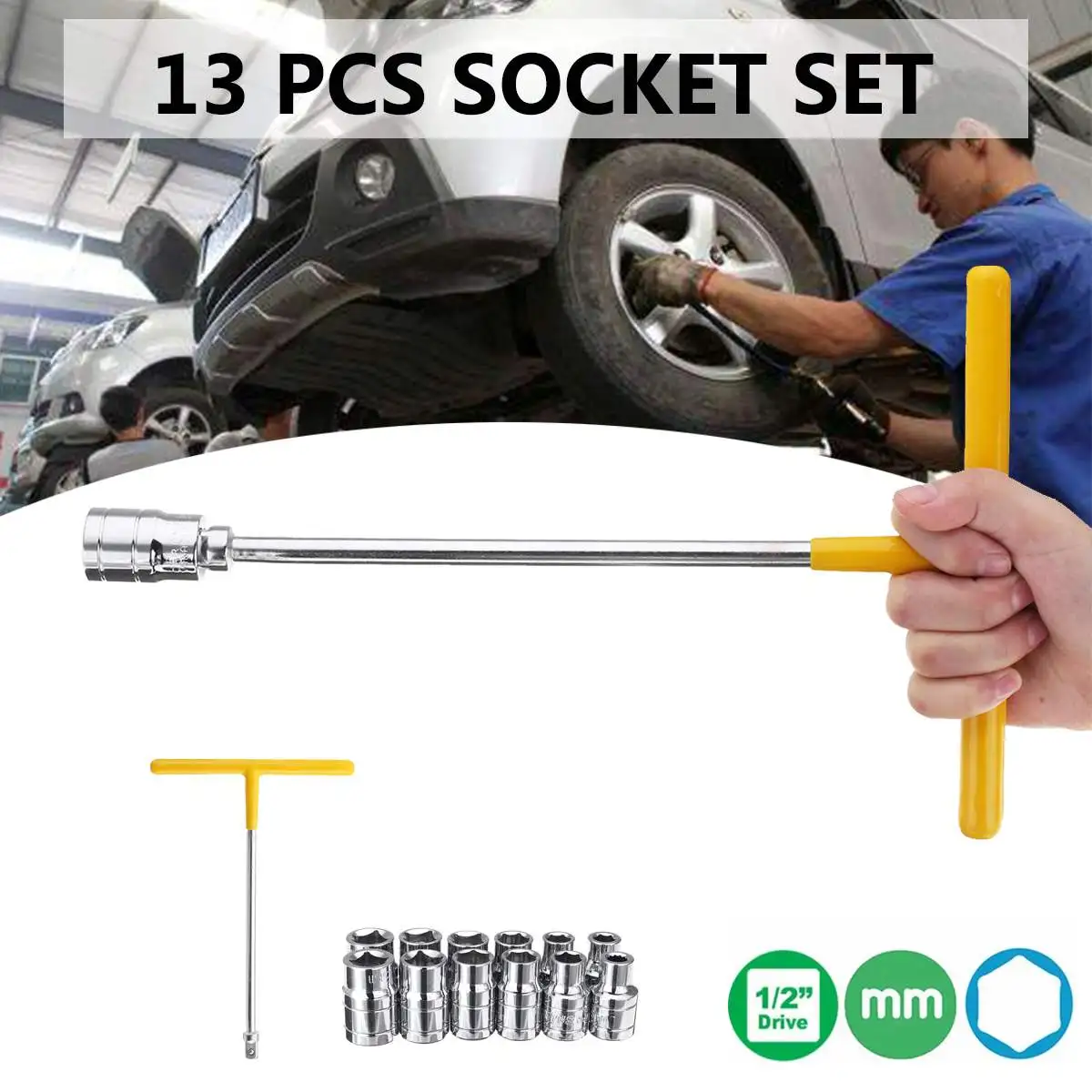 

13x T Wrench Adapter Socket Set 1/2 Inch Drive Hex Bit Impact Socket Set for Car Tyre Motorcycle Repair Hand Tools Sets 8-19mm