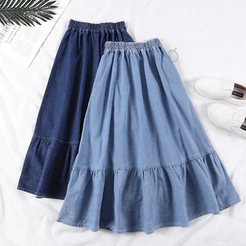 

Summer Saia Female A-Line Long Denim Skirt Pockets Women High Waist Midi Jeans Skirts Dark Blue,Light Blue Plus Size Skirt