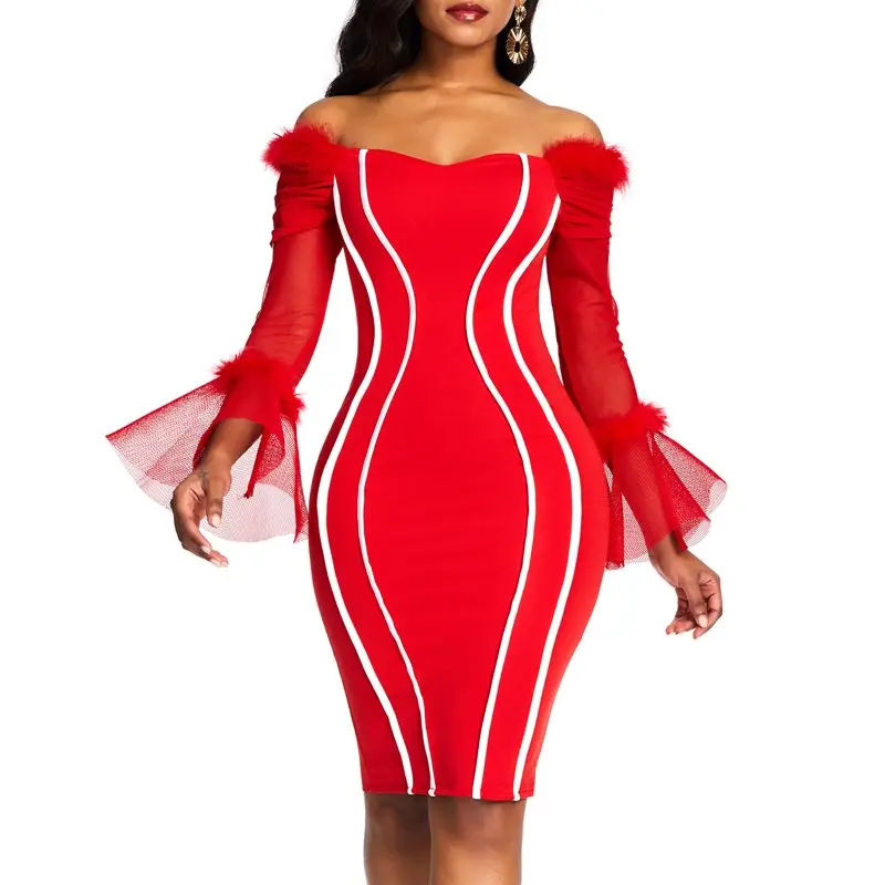

Sexy Off Shoulder Elegant Dress Women Mesh Long Sleeve Party Backless Evening Summer Ladies Stripe Red Stretch Bodycon Dresses