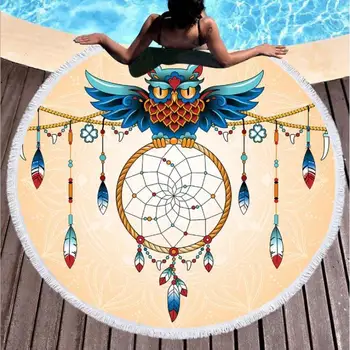 

Printed Owl Dream Catcher Beach Towel Round Microfiber Beach Towels Large Blanket Picnic Yoga Mat Sunbath Bath Towel Table Cloth