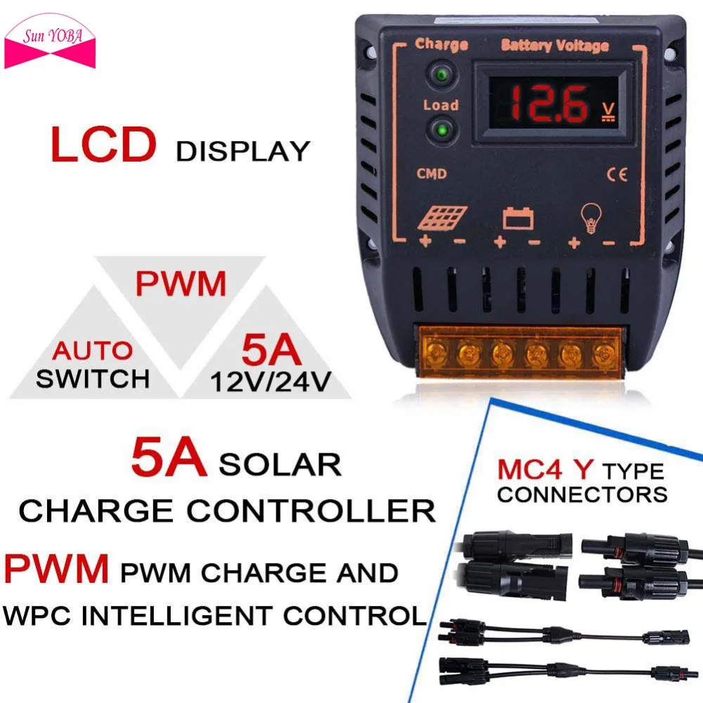 

5A LCD 12V/24V Solar Panel Charge Battery Controller Regulator Auto Switch + 1 Pair MC4 M/F Y Branch Connector Cable Wires