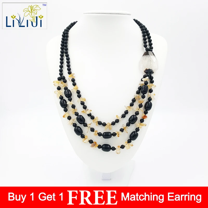 

Natural Stone Citrine, Black Agate,Crystal Agate 3strands Handmade Knitting Necklace Fashion Women Jewelry