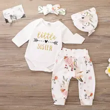 Pudcoco/комплект для маленьких девочек от 0 до 24 месяцев, 4 предмета, комбинезон с длинными рукавами для новорожденных девочек+ длинные штаны с цветочным принтом, новая хлопковая одежда