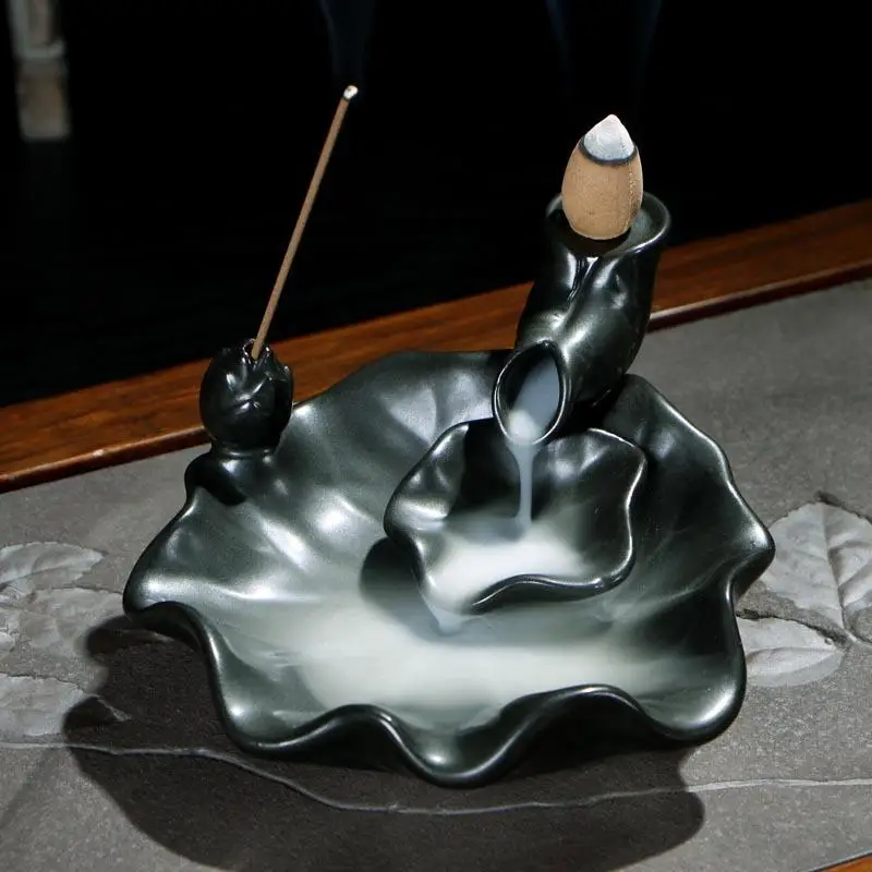 

Lotus Leaf Incense Burner Smoke Waterfall Backflow Incense Holder Ceramic Censer Mountain River Handicraf Creative Home Decor