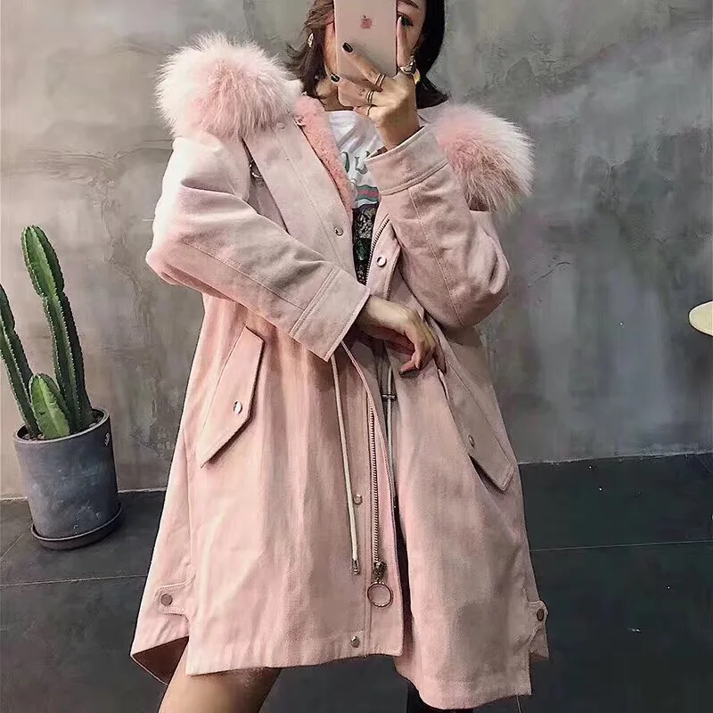 Manteaux Pour À D'hiver Surdimensionné pink Chaud Moyen Naturelle Fourrure Long Blue Mode De Vraie Parkas Femmes Demin Capuchon Vestes gRRH4aPqw