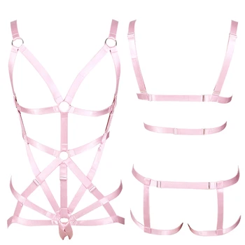 

Pink Full Body Harness Bra for Women Strappy Tops Hollow Out Sexy Lingerie Set Plus Size Elastic Adjust Goth Club Dance Rave