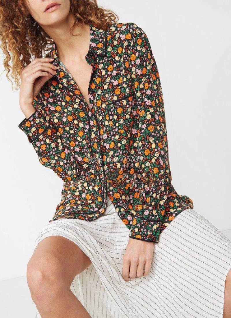 Silk 100% Floral Print Shirt Top 2019ss Women Lapel Long Sleeve Printed Blouse Shirt-in Blouses