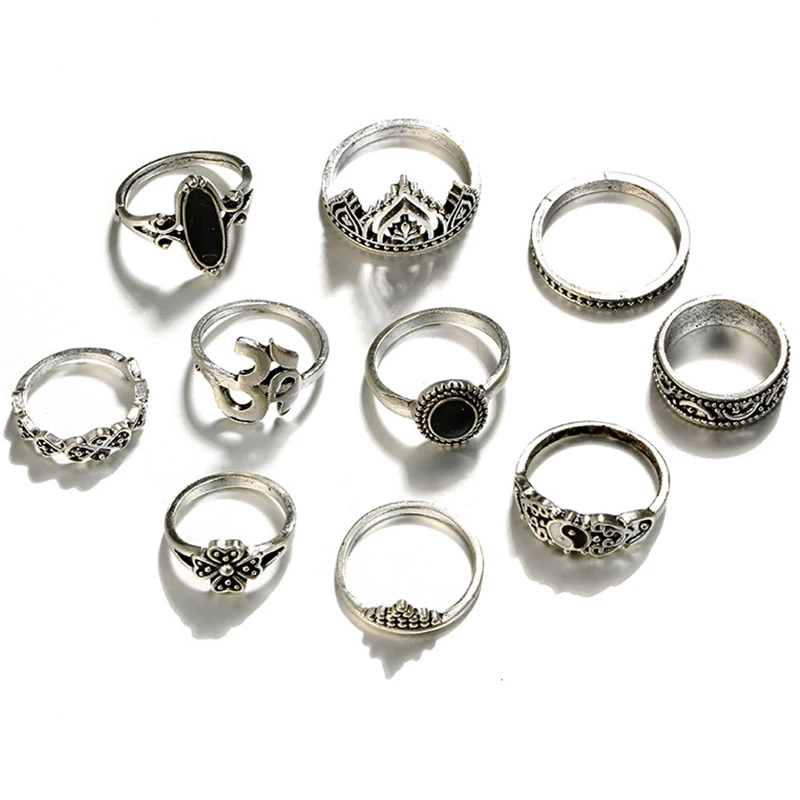 

10Pcs/Set Bohemia Antique Silver Crown Star Moon Flower Carved Rings Sets Opal Stone Knuckle Rings For Women Jewelry-Silver