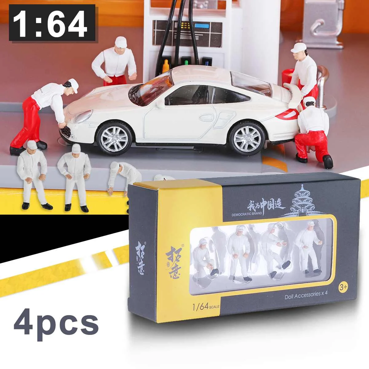 

1:64 4Pcs Auto Repairing People Men For Race Medal Technician Repairing Scenario Model Matchbox People Toy (Car not included)