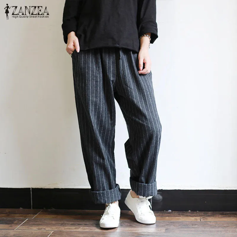 ZANZEA 5XL осенние полосатые брюки женские повседневные мешковатые длинные