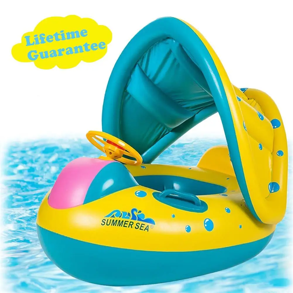 

Inflatable Boat Shape Swimming Ring with Sunshade Awning for Kids Baby Infant Summer Playing Supplies Swiming Protection