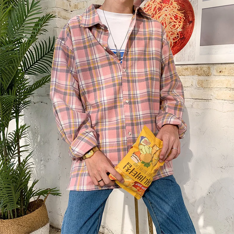 

2019 New Japanese long-sleeved men's Hot shirt tide plaid summer thin section casual loose port wind streetwear Free shipping