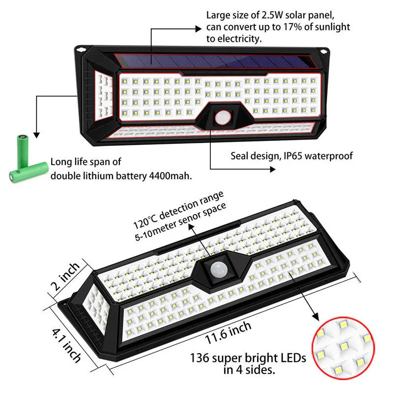1 шт. 136LED 4 боковые солнечные движения PIR Сенсор настенный выключатель света 3