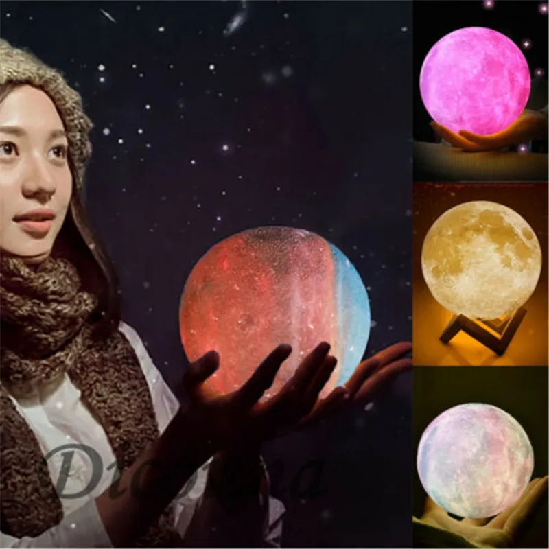 

3D Printing Moon Lamp USB LED Night Light Moonlight Touch Color Changing 8-15CM With Wood Stand