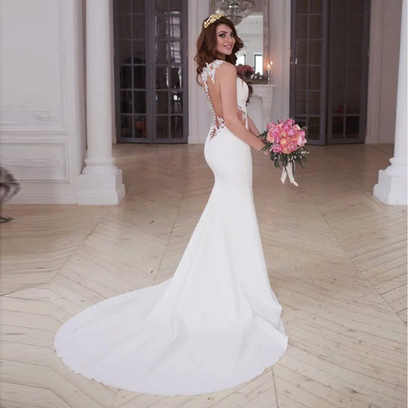 

Mermaid Wedding Dresses Scoop Appliques Lace Beach Bride Dress Custom Made Sexy See Through Back White Ivory Wedding Gown