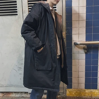 

2018 Winter Men's Loose Long Section Fake Two-piece Hooded Coat Jacket Black / Army Green Solid Color Wild Casual M-2XL