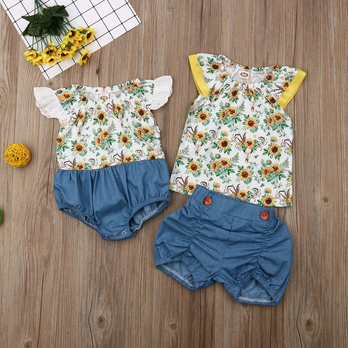 

Family Clothes Infant Baby Girl Little Big Sister Clothes Sunflower Print Sleeveless Romper Tops Solid Shorts Clothes Set