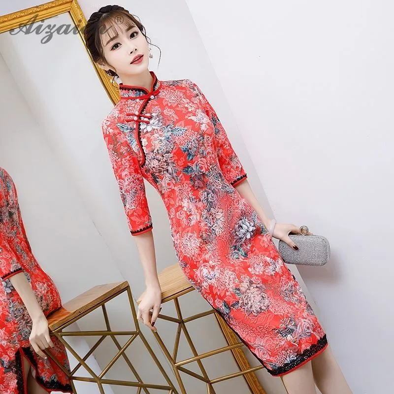 2019 Fashion Colorful Lace Flower Edge Cheongsam Long Dress Gown China Plus Size Qi Pao Women Chinese Traditional Clothing | Тематическая