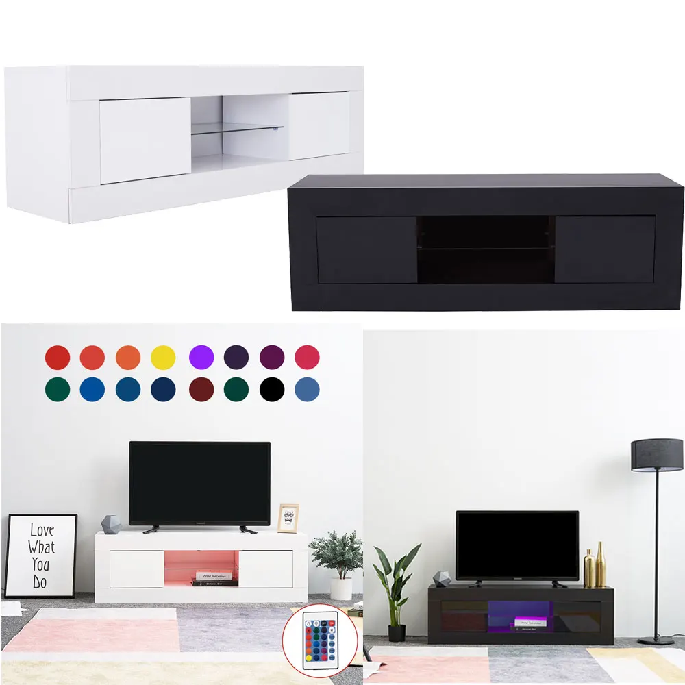 Best Panana TV Cabinet Unit Storage With LED Light High Gloss Front Doors Shelf TV Stand Livingroom Home Entertainment Furniture