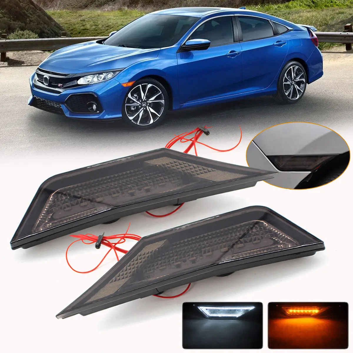 

2pcs Front LED Side Marker Lights Assembly Fit 2016-2018 For Honda For Civic With Switchback Turn Signal Function Smoke Lens