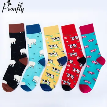 

PEONFLY Colorful Print Farm Harajuku Cartoon Animals Sheep Cow Pig Pattern Happy funny Socks Men Comfortable Cotton Short Socks