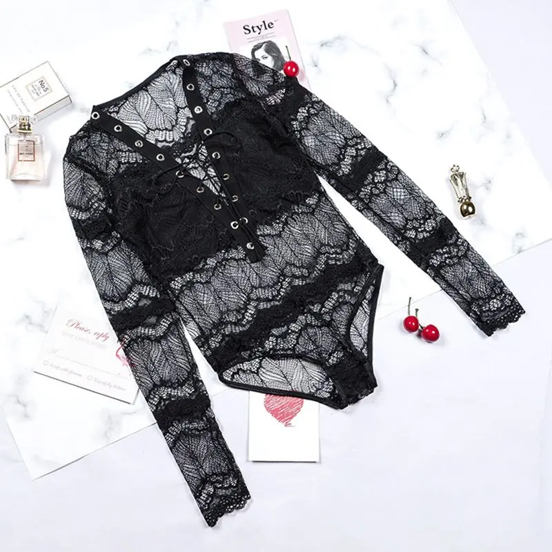 

Women Bodysuits Sexy Black Summer 2019 Gothic Sleepwear Lingerie Lace Slim Solid Hollow Mesh Strapless Female Fashion Underwear