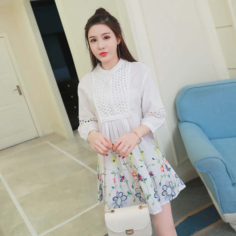 

Pengpious 2019 summer pregnant women stand collar shirts three quarter sleeve high waist maternity blouses fashion embroidery