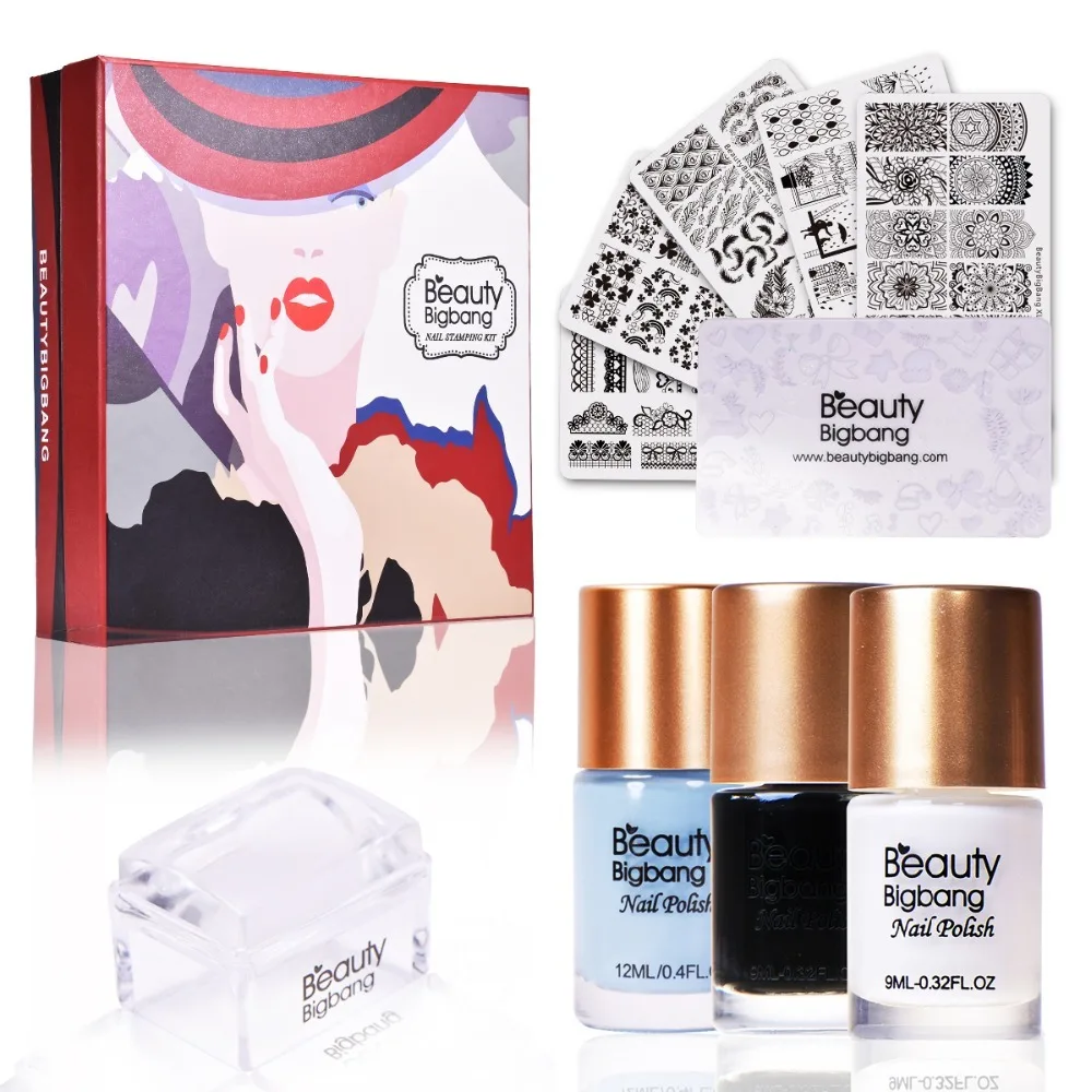 

BeautyBigBang 10Pcs/Set Nail Stamping Starter 5 style Nail Stamping Plate with Clear Jelly Stamper 2 colours Stamping Polishes
