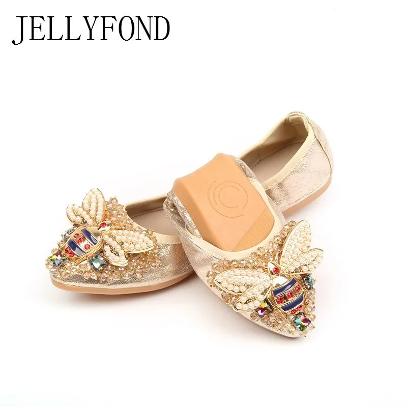 

JELLYFOND Plus Size 34-45 Crystals Flat Shoes Woman Comfortable Soft Slip On Elegant Ladies Loafers Bees Rhinestone Women Shoes