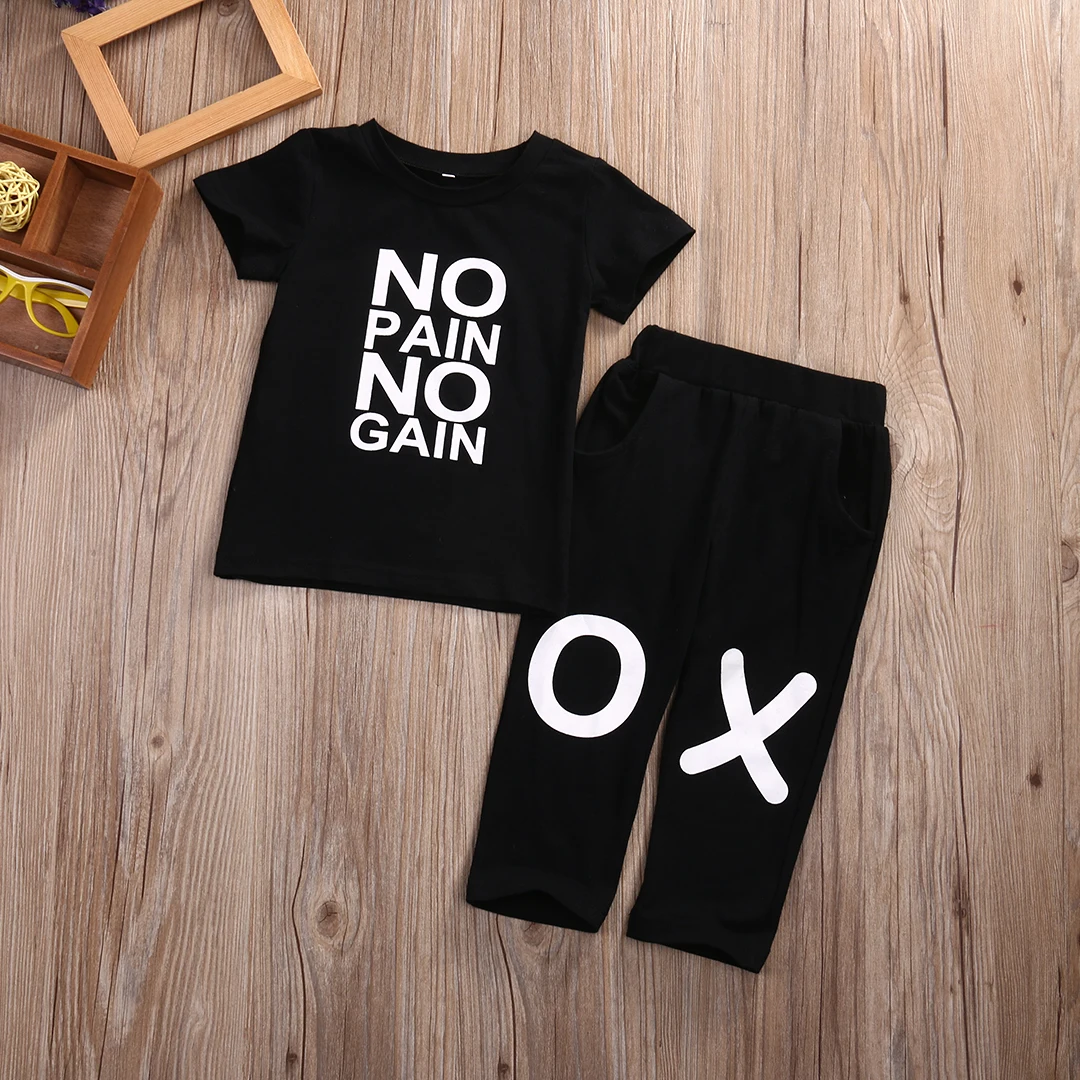 Комплект из 2 предметов, футболка с короткими рукавами и рисунком комплект из топа и штанов для маленьких мальчиков, летняя футболка с надписью «No Pain No Gain»