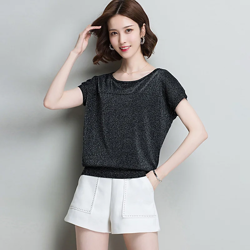 

Fashion Women T-shirt Bat Sleeve O-Neck Ice Silk Knitted Summer Top Solid Color Casual Loose Tshirt Women Korean Tee Shirt Femme