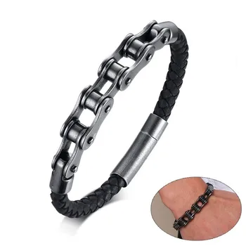 

Vintage Mens Biker Chain Bracelet Black Handmade Braided Leather Rope Wrist Bangle pulseira masculina 20cm